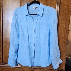 Light Blue Linen Pearl-Button-Down Shirt